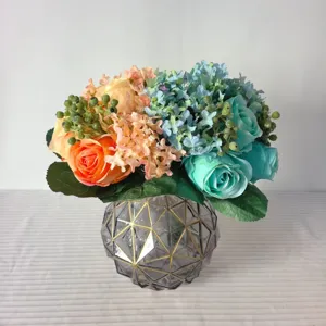 Artificial rose hydrangea mixed bouquet silk flower arrangement for home decor detail view.