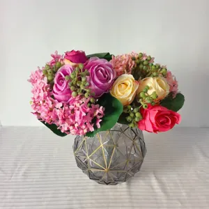 Artificial flower bouquet with geometric vase home decor elegant rose hydrangea floral arrangement
