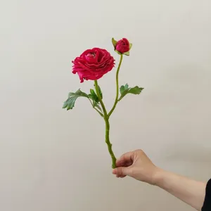 Artificial camellia flower detail view, two heads short stem design for home decor props.