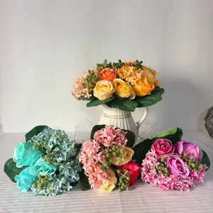 Artificial rose hydrangea mixed bouquet detail view, beautiful silk flower home decor.