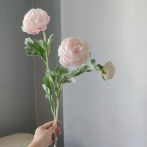 Fiore artificiale peonia ranuncolo 3 teste rosa seta finto floreale decorazione