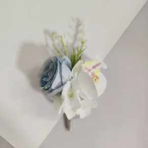 Blauw wit kunstmatige roos orchidee boutonniere bruidegom pak corsage huwelijk bloem