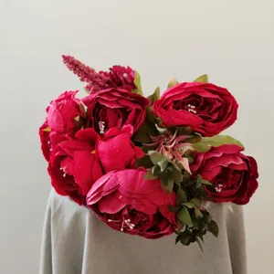 Artificial autumn peony flower bouquet detail, 13 heads silk floral decor for home photography.