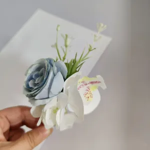 Blauw witte kunstmatige roos orchidee corsage lapel bloem voor bruiloft bruidegom pak decor.