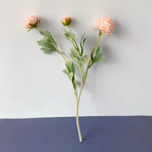 Ramo di ranuncolo artificiale con 3 teste, fiore di seta floccato per decorazione d'interni, rosa.