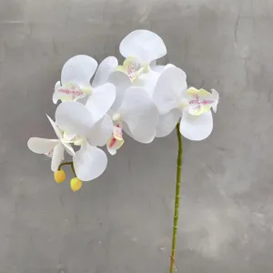 Detailed close-up of artificial white phalaenopsis orchid branch with realistic flower texture.