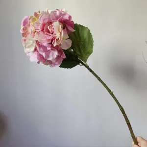 Artificial silk hydrangea flower stem detail view, pink floral home decor arrangement.