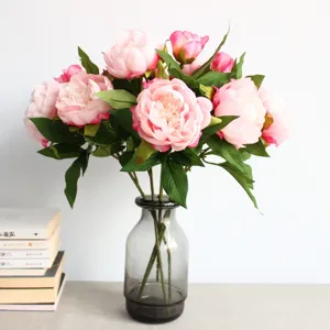 Artificial peony flower bouquet with glass vase, perfect for home indoor decor and living room.