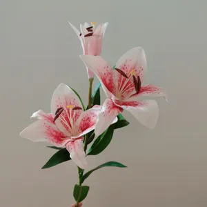 Artificial lily flower branch, premium PU pink floral decor for home living room display.