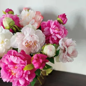 Artificial peony silk flower bouquet for home decoration, realistic pink and white floral details.