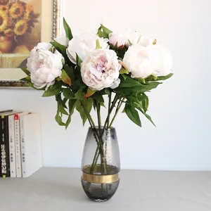 Artificial peony silk flowers bouquet with grey glass vase for home decor interior styling