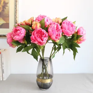 Artificial peony flower bouquet with glass vase home decor realistic silk floral arrangement.