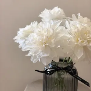 White artificial dahlia flowers in ribbed glass vase vintage floral decor for home DIY