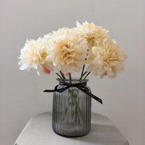 Artificial vintage dahlia flower bouquet with glass vase for home decor DIY crafts.