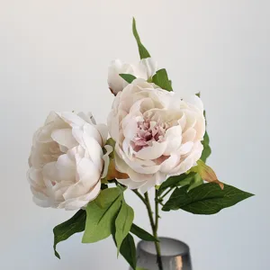 Artificial peony silk flower bouquet 3 heads vintage faux floral home decor arrangement.