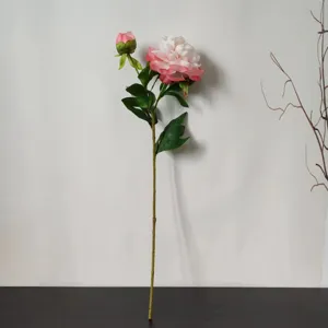 Artificial peony single stem flower with two flower heads and green leaves for home decor.