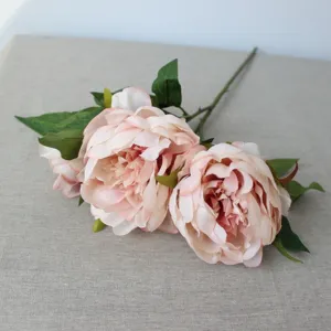 Artificial 3-head peony silk flower branch for home decor, vintage fake floral arrangement.