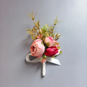Corsage de boda rosa flor artificial boutonniere para novio novia fiesta decoración.