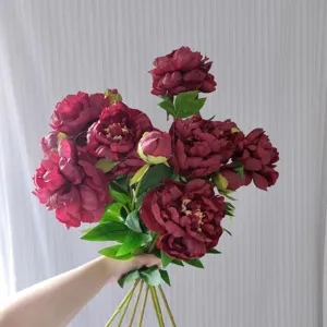 Burgundy artificial peony silk flowers bouquet, multi-head fake floral arrangement for home decor.