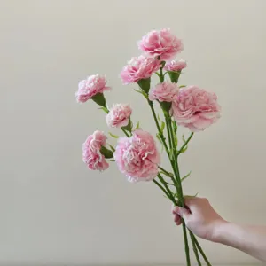 Pink artificial carnations close up, multi-head silk flowers detail for home decor and wedding.