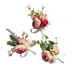 Conjunto de botones de boda color rosa, corsage de novio flor artificial para sesión de fotos