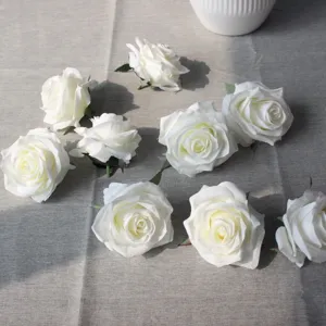 White artificial rose flower heads, silk fake roses for cake hat and craft decoration