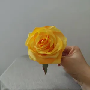 Yellow artificial rose flower head silk floral accessory for craft cake hat decor 1pc