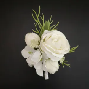 White artificial rose boutonniere groom best man corsage wedding floral accessory for men.