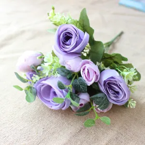 Purple artificial rose eucalyptus flower bouquet for wedding decoration and DIY crafts detail.