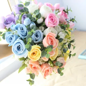 Colorful artificial rose bouquet with eucalyptus leaves for wedding home decor and DIY.