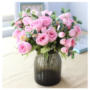 Artificial pink rose and eucalyptus flower bouquet for home decoration wedding DIY craft