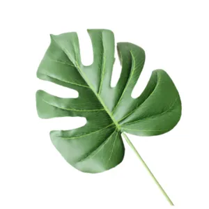 Dettaglio primo piano foglia di monstera artificiale, fogliame verde per decorazione.
