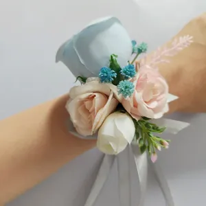 Artificial Rose Flower Boutonniere Wrist Corsage Silk Floral Ribbon Wedding Party Photography Business Decoration