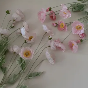 Artificial poppy flower details, pink silk floral decor for camping and photography props.