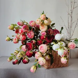 Detailed view of 5-head artificial rose flower bouquet, silk decorative flowers for home and props.