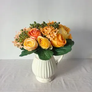 Artificial rose hydrangea bouquet in white ceramic vase for home decor table centerpiece