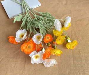 Artificial poppy flowers flocking silk flower bouquet for home decor and photography props