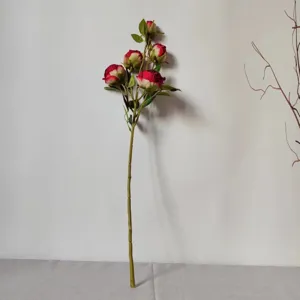 Artificial 5-head rose flower branch, detail view for silk flower home decor and props.