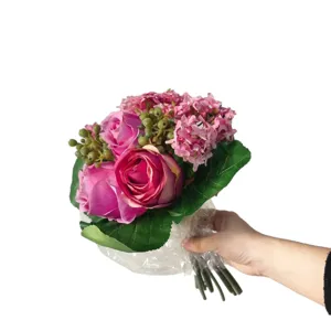 Artificial pink rose hydrangea silk flower bouquet for wedding home table decoration