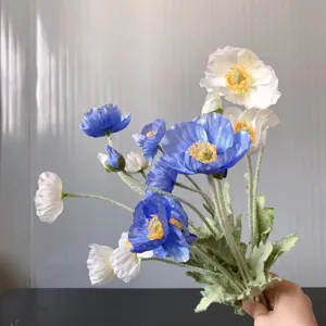Artificial poppy flower bouquet, flocking silk floral decor for home camping photography props.