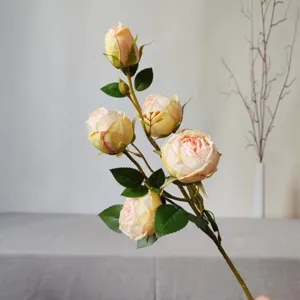 Details of 5-head artificial silk rose flower, realistic petals for home decor & photography props.