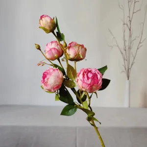 Artificial rose flower detail shot, 5-head pink silk flower branch, home decor photography props.
