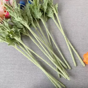 Artificial poppy flower flocked stems detail shot, high quality silk floral decoration props.