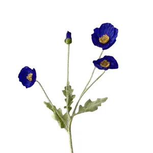 Blue artificial poppy flower 4-head flocked silk floral stem for home decor photography prop