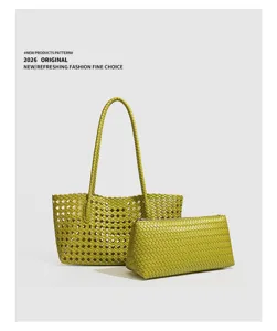 Woven leather shoulder tote bag and pouch set, stylish vintage avocado green casual bag.