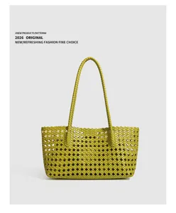 Green woven leather shoulder bag, stylish minimalist tote handbag for daily casual commute.