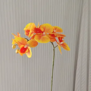Artificial phalaenopsis orchid detail, 6-head yellow-orange gradient silk flower decor.