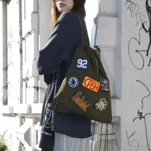 Military green drawstring backpack casual travel simple large capacity shoulder bag for women