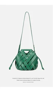Green woven leather handbag with unique triangle handle stylish large capacity shoulder bag