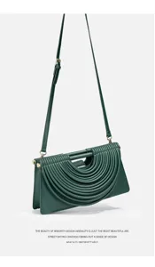 Dark green minimalist shoulder bag with unique arc design, elegant PU leather crossbody handbag.